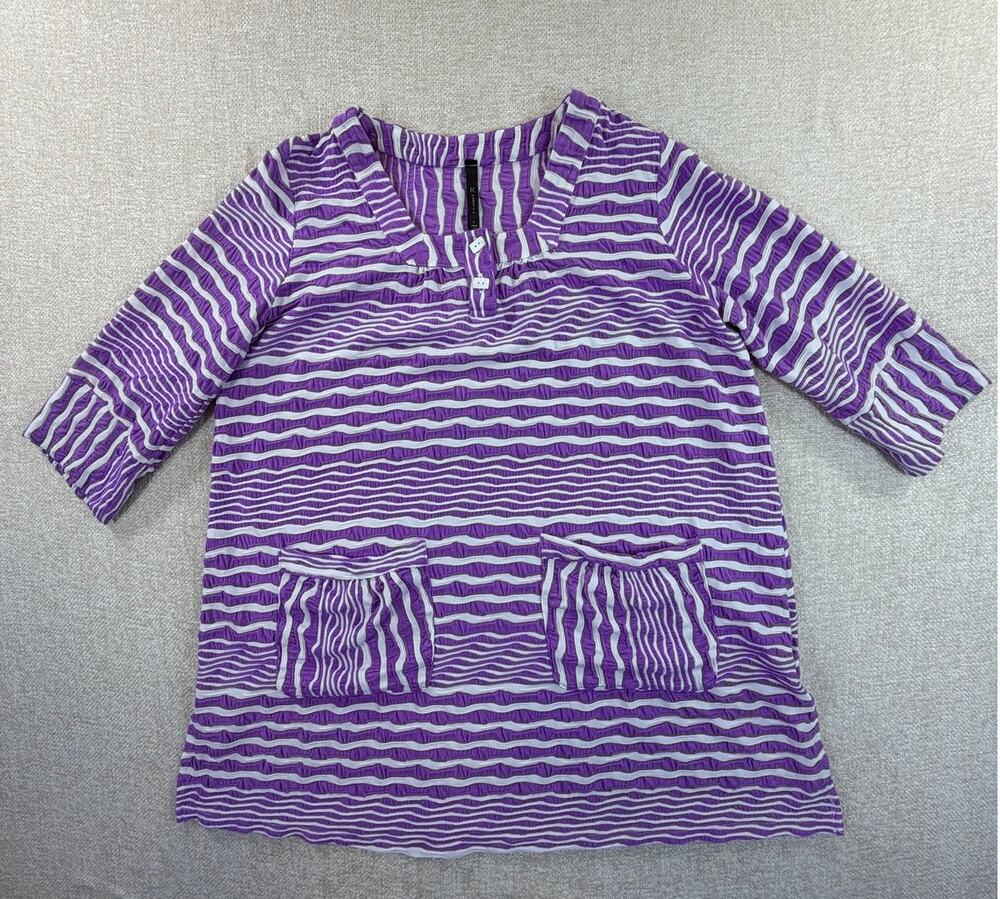 IC by Connie K Womens Large Purple White Abstract 3/4 Sleeve Henley Pullover Top
